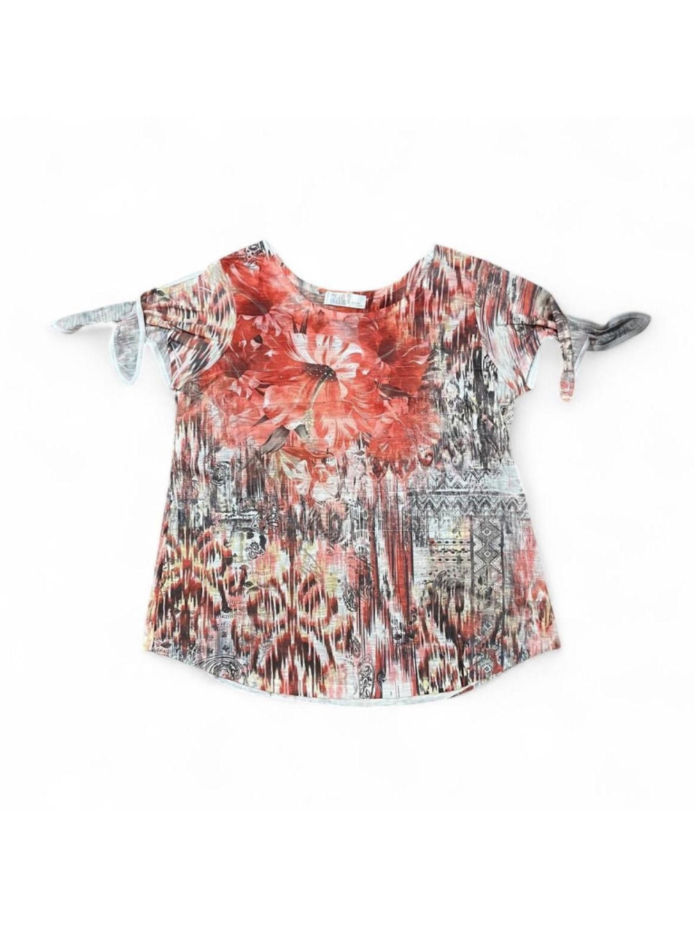 Time and Tru red floral print blouse with black/white abstract design and rhines